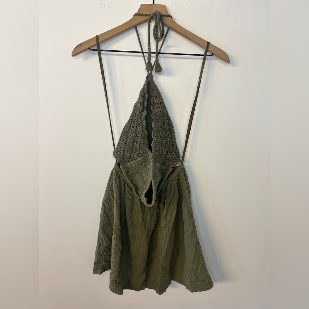 Aerie Green Pool-to-Party Crochet Halter Mini Dress, Size Small - Picture 8 of 11